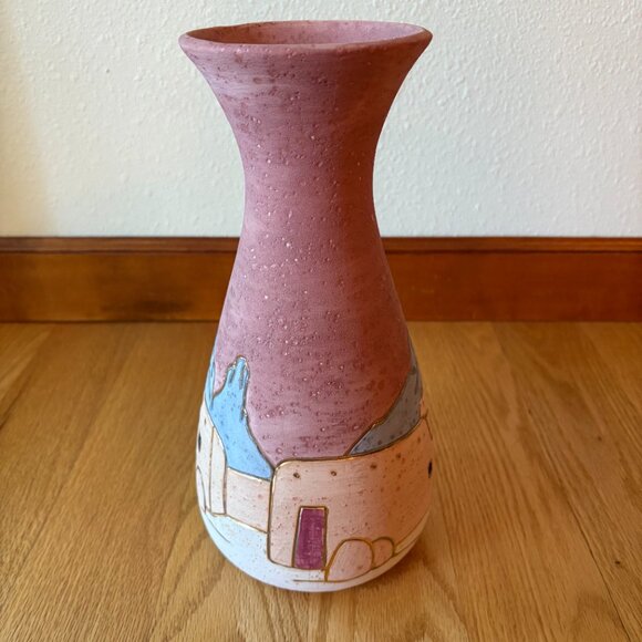 Signed Numbered Vera Russell Handmade Vase Pink Blue Mountains Pueblos Desert - Picture 3 of 12